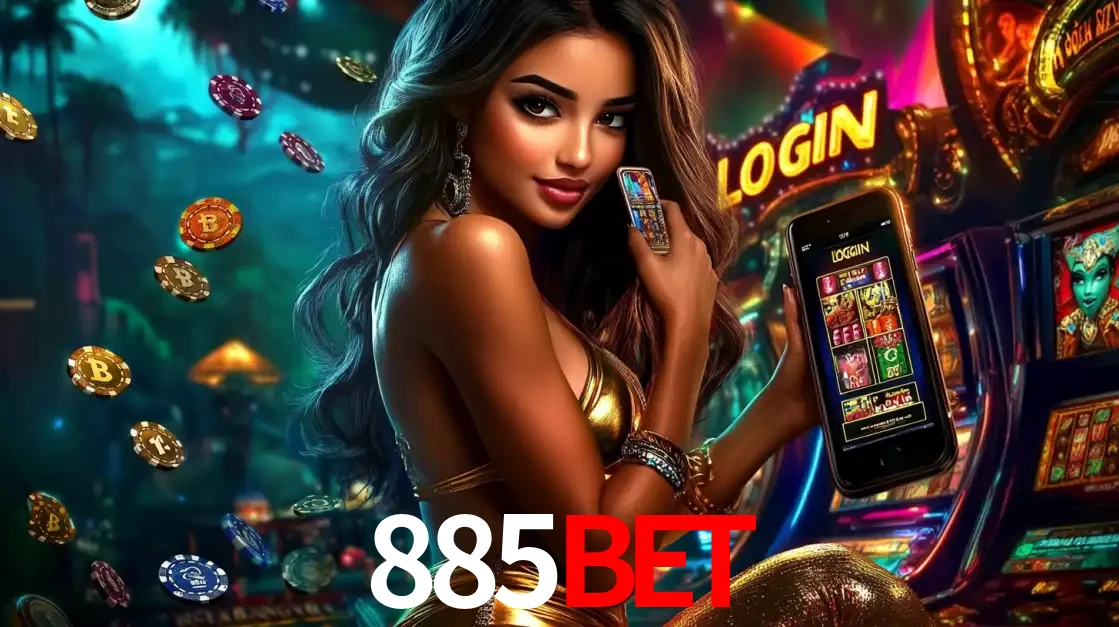 Mulher em um cenário de cassino temático de aventura, mostrando o app de caça-níqueis da 885bet no celular. Fichas de apostas flutuam ao redor.
