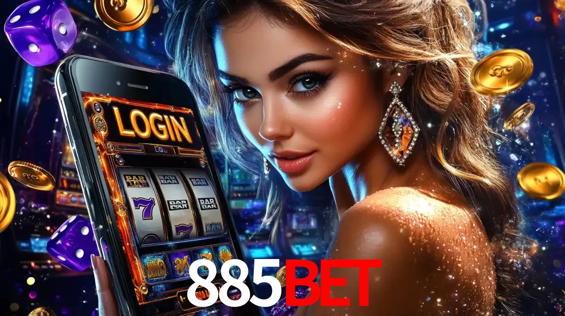 Mulher glamorosa segurando um smartphone com a tela de login para os jogos de caça-níqueis do cassino online 885bet, com moedas de ouro e dados ao redor.