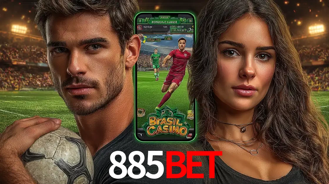 Homem segurando uma bola de futebol e uma mulher ao lado de um smartphone exibindo o jogo de apostas esportivas da 885bet. Faça seu palpite no cassino online.
